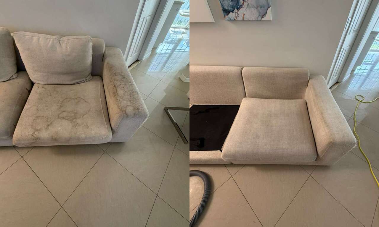 Beige sofa before and after cleaning