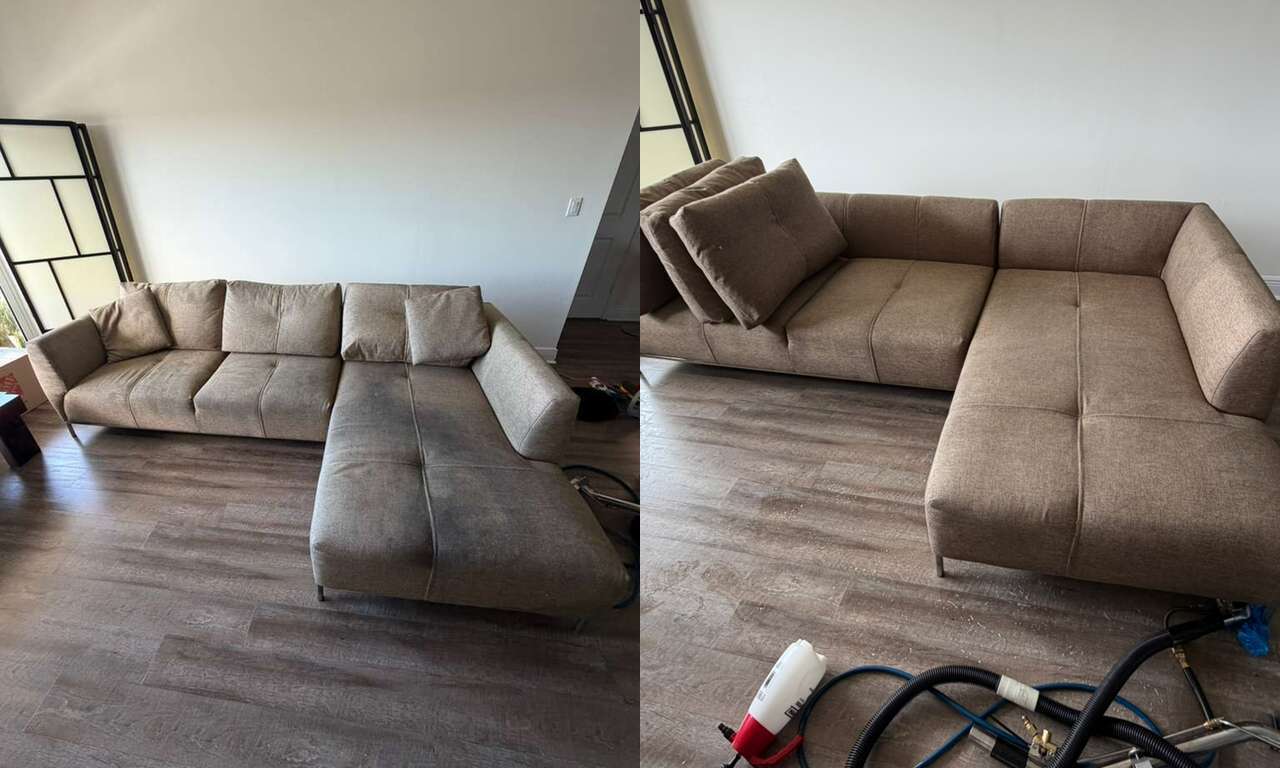 Brown sectional sofa before and after cleaning