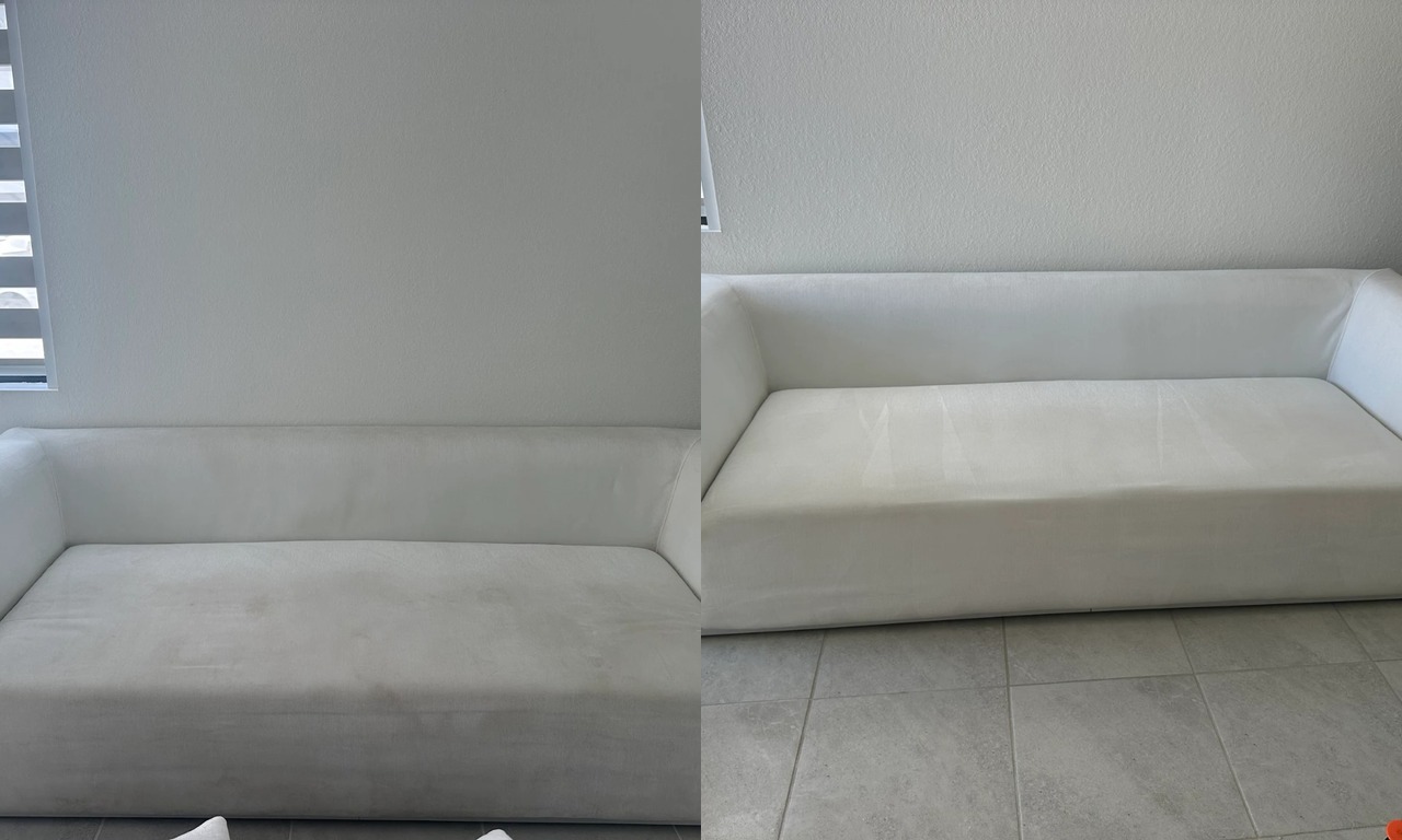 White sofa before and after cleaning